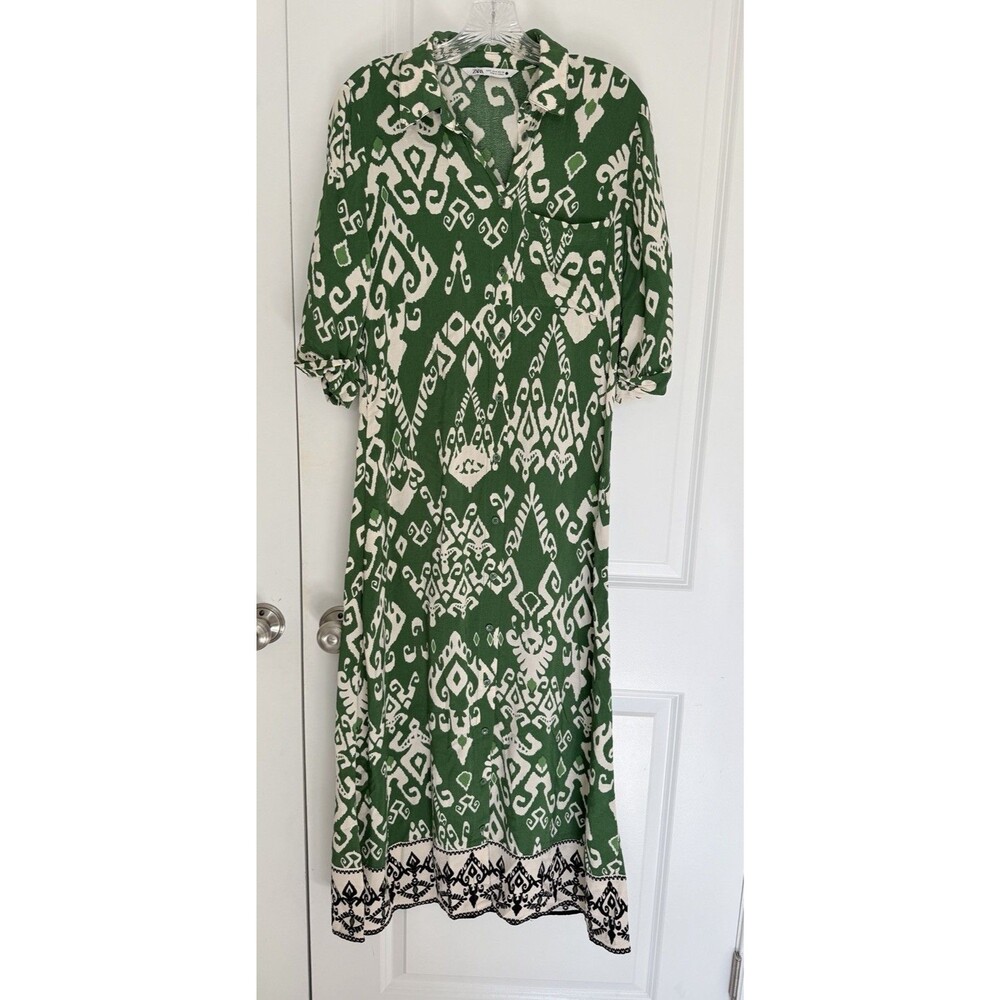 Zara Green Tribal Maxi Shirt Dress Small